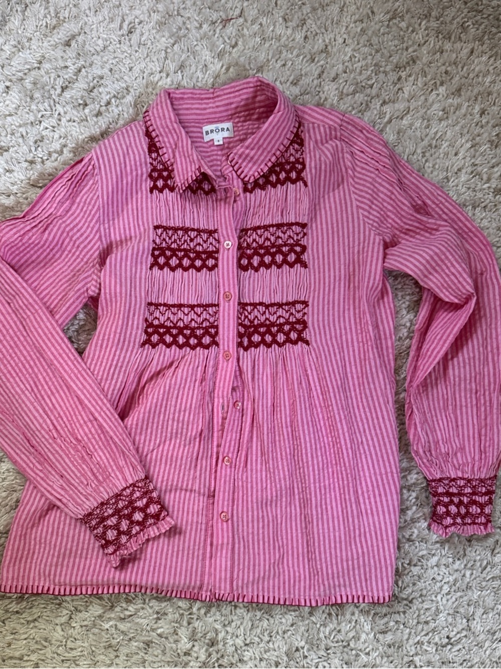 Brora Pink Embroidered Stripe Button-Up Blouse